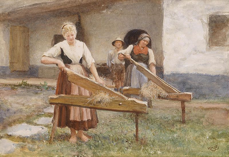 Hubert von Herkomer "Młode dziewczęta międlące len"