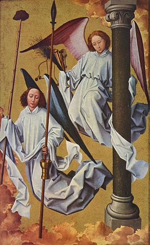 Rogier van der Weyden "Sąd ostateczny" (fragment) - Aniołowie ubrani w białe, lniane szaty